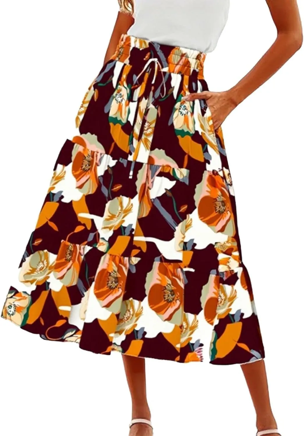 Maxi Skirt,Womens Boho Maxi Skirt with Pockets Elastic High Waisted Linen Summer Flowy Long Skirts for Women 2025