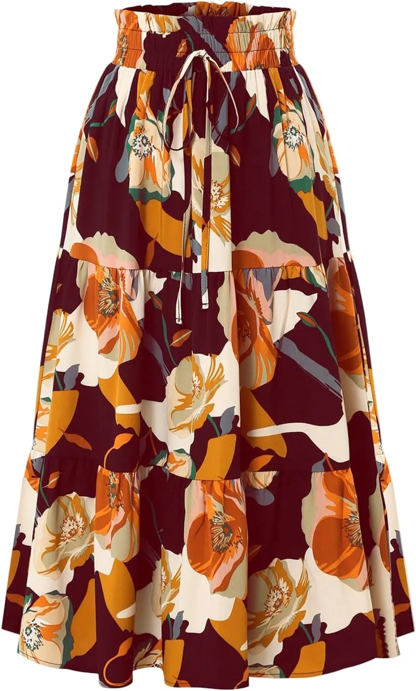Maxi Skirt,Womens Boho Maxi Skirt with Pockets Elastic High Waisted Linen Summer Flowy Long Skirts for Women 2025
