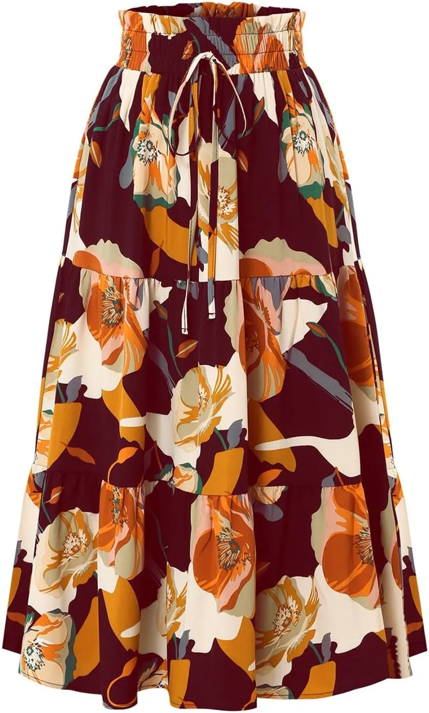 Maxi Skirt,Womens Boho Maxi Skirt with Pockets Elastic High Waisted Linen Summer Flowy Long Skirts for Women 2025