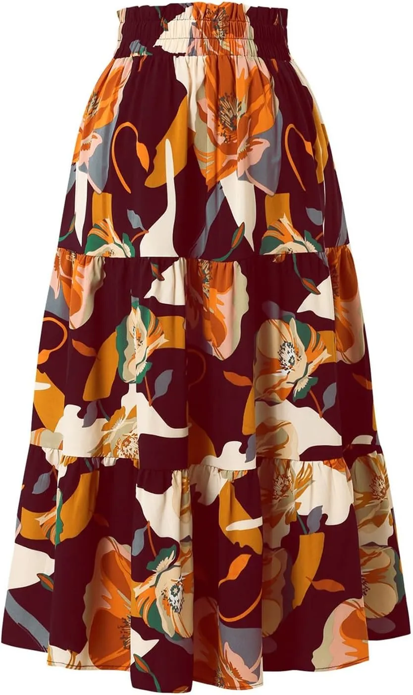 Maxi Skirt,Womens Boho Maxi Skirt with Pockets Elastic High Waisted Linen Summer Flowy Long Skirts for Women 2025