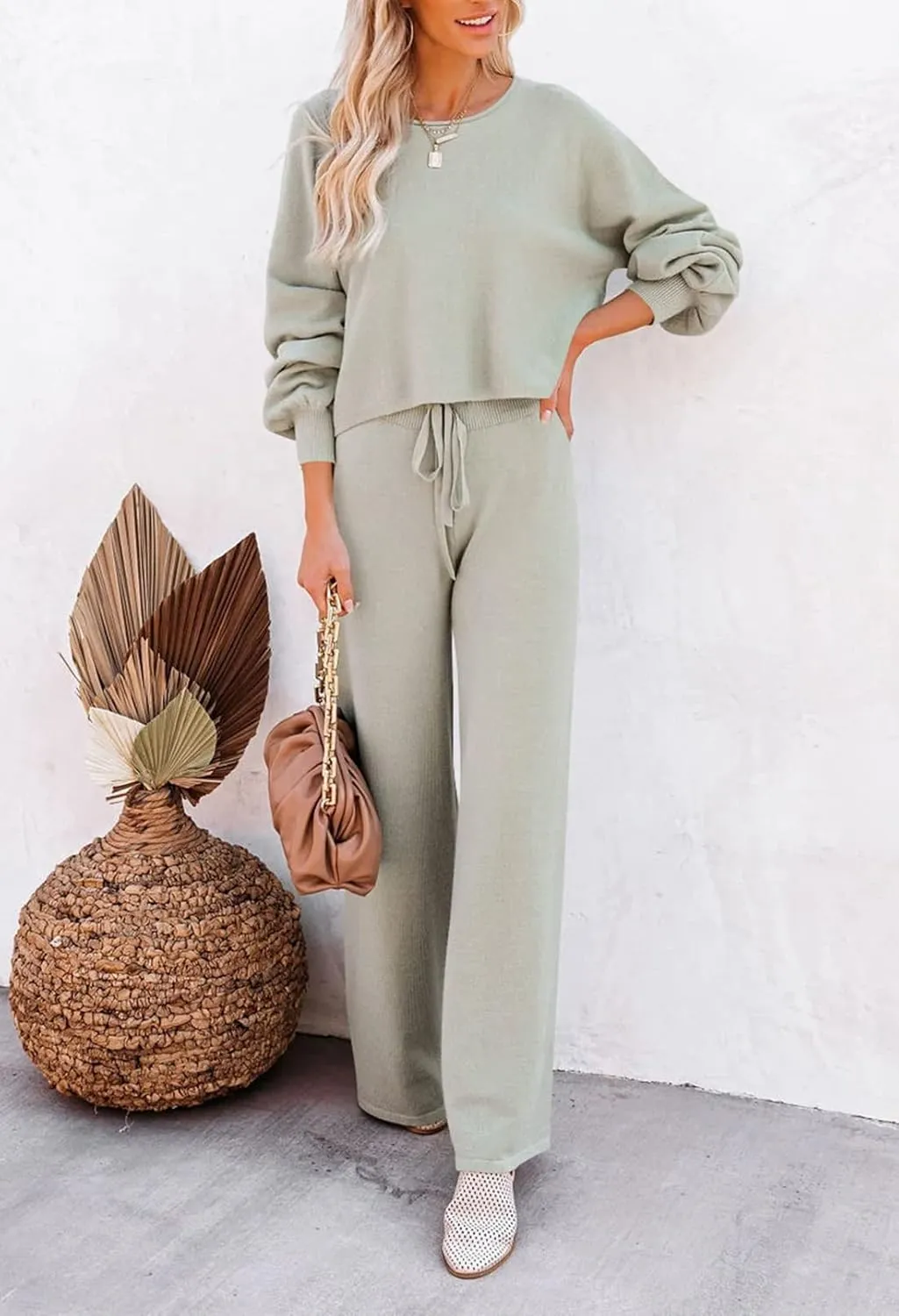 Meenew Women's 2 Piece Sweatsuits Long Sleeve Knit Sweater Wide Leg Pants Outfits Loungewear Set
