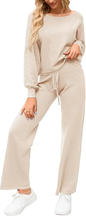 Meenew Women's 2 Piece Sweatsuits Long Sleeve Knit Sweater Wide Leg Pants Outfits Loungewear Set