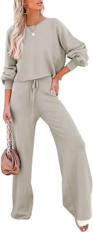 Meenew Women's 2 Piece Sweatsuits Long Sleeve Knit Sweater Wide Leg Pants Outfits Loungewear Set