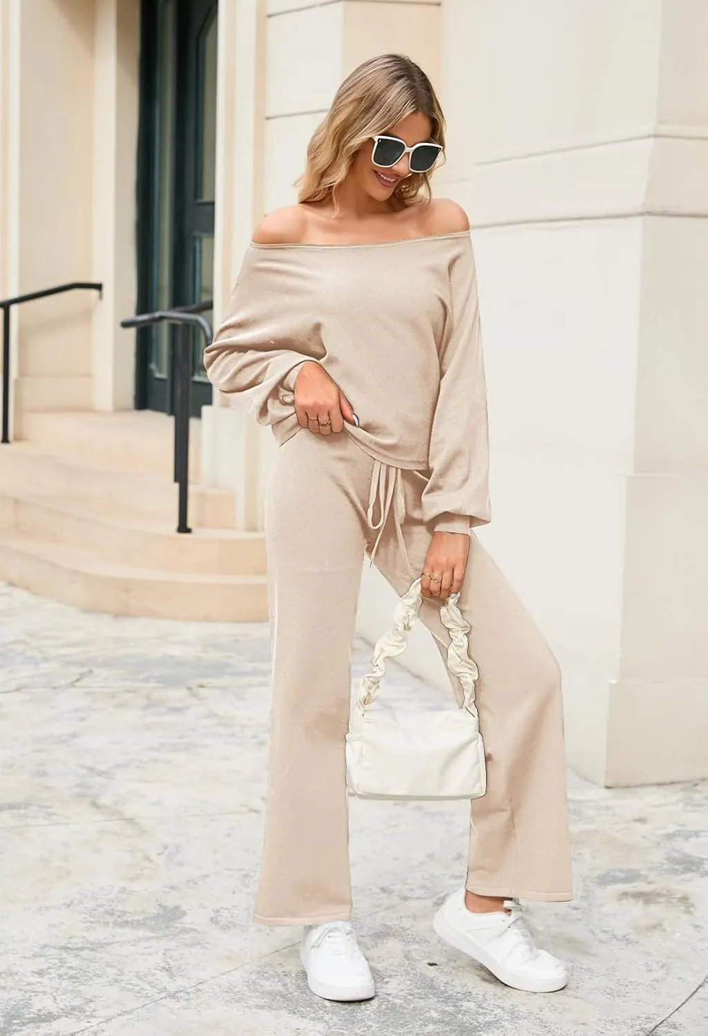 Meenew Women's 2 Piece Sweatsuits Long Sleeve Knit Sweater Wide Leg Pants Outfits Loungewear Set