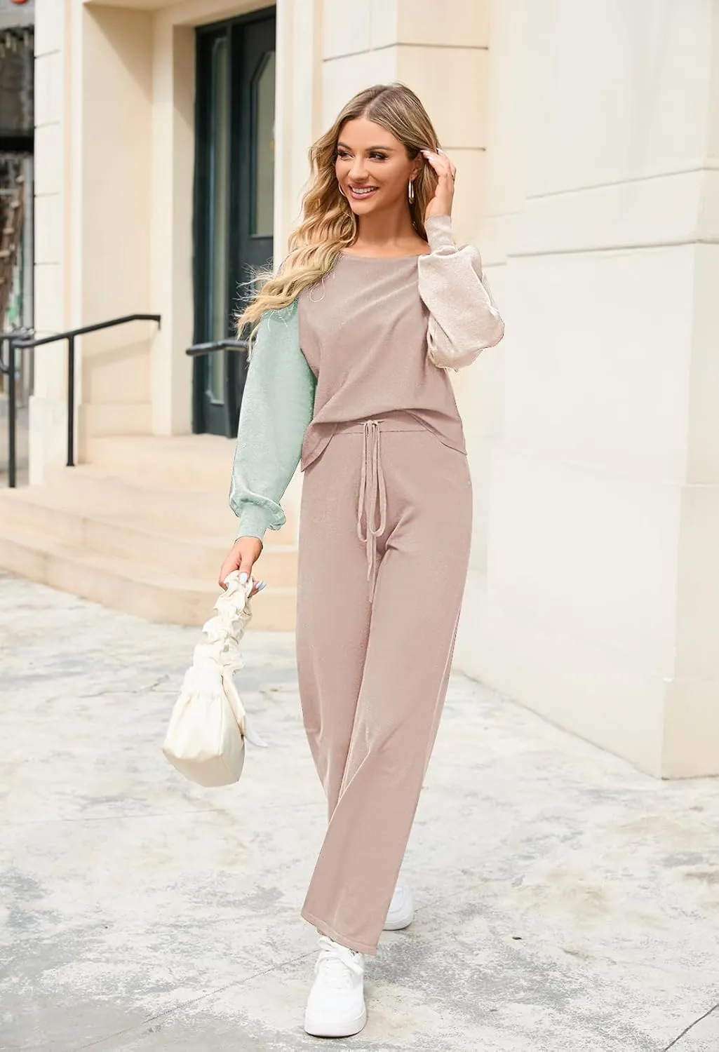 Meenew Women's 2 Piece Sweatsuits Long Sleeve Knit Sweater Wide Leg Pants Outfits Loungewear Set