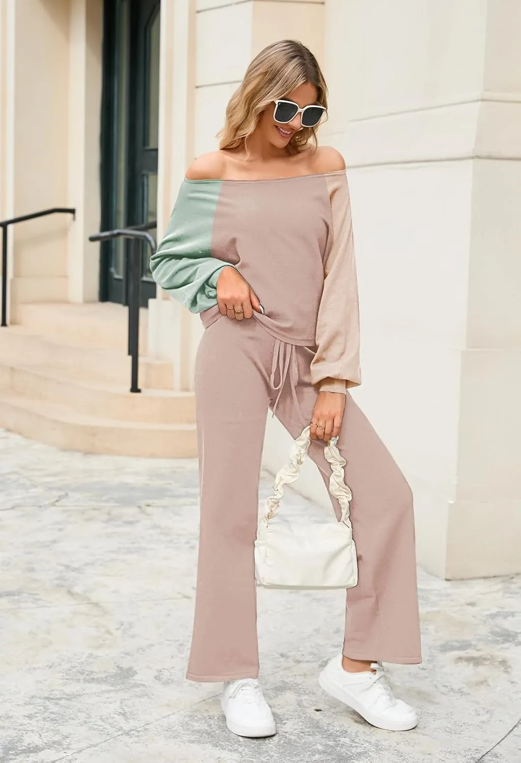 Meenew Women's 2 Piece Sweatsuits Long Sleeve Knit Sweater Wide Leg Pants Outfits Loungewear Set