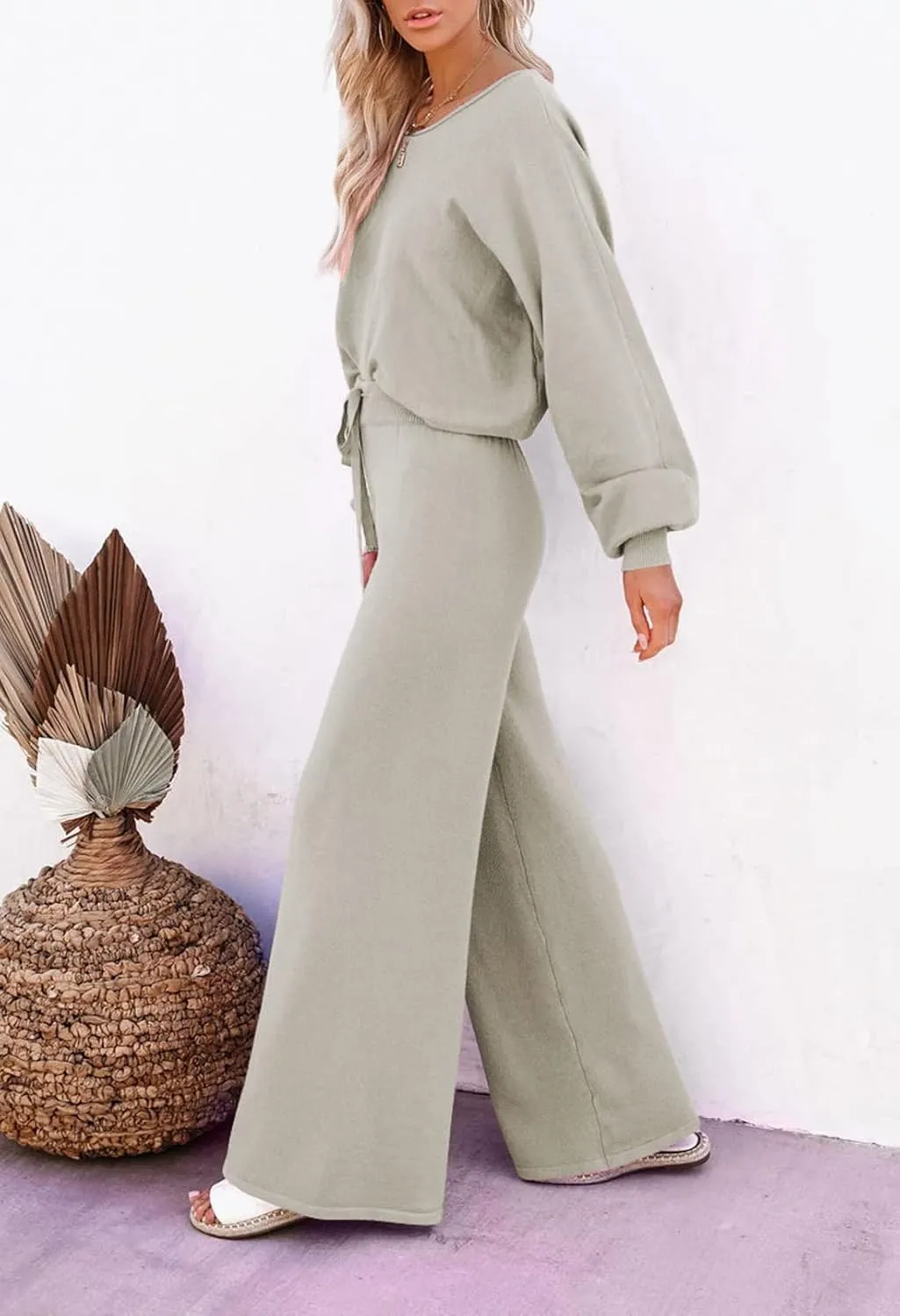 Meenew Women's 2 Piece Sweatsuits Long Sleeve Knit Sweater Wide Leg Pants Outfits Loungewear Set