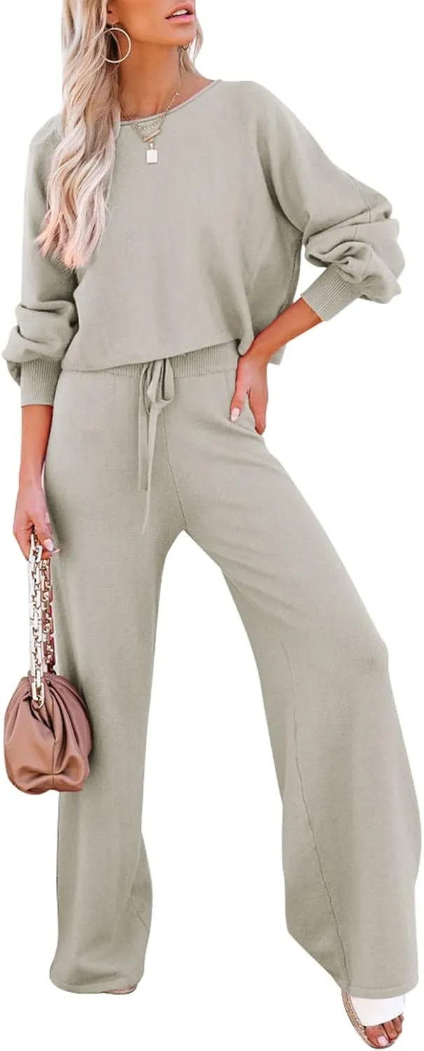 Meenew Women's 2 Piece Sweatsuits Long Sleeve Knit Sweater Wide Leg Pants Outfits Loungewear Set