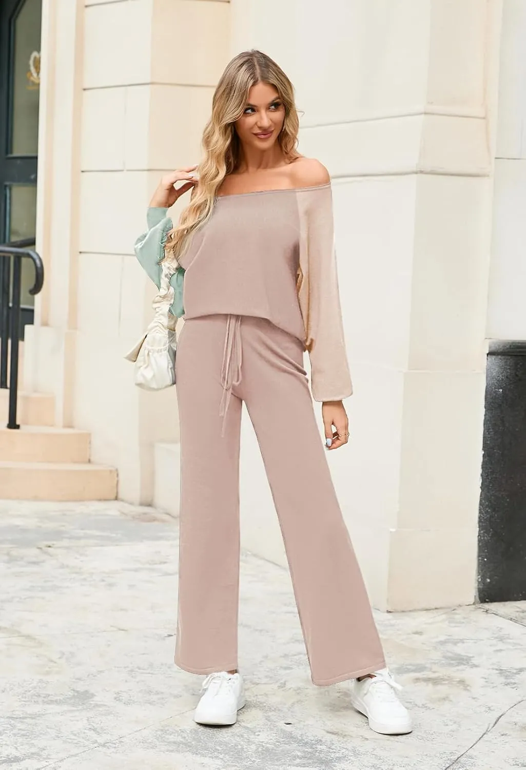 Meenew Women's 2 Piece Sweatsuits Long Sleeve Knit Sweater Wide Leg Pants Outfits Loungewear Set