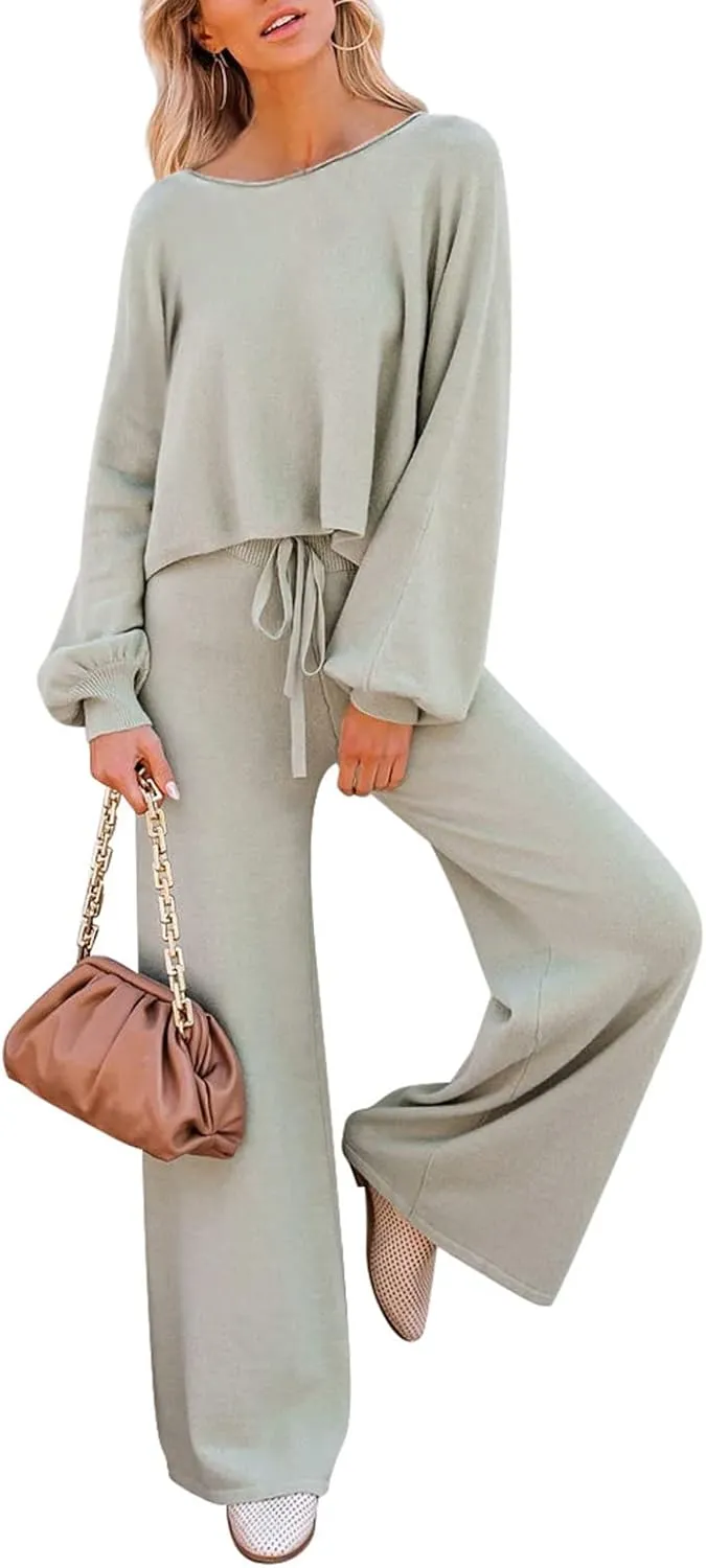Meenew Women's 2 Piece Sweatsuits Long Sleeve Knit Sweater Wide Leg Pants Outfits Loungewear Set