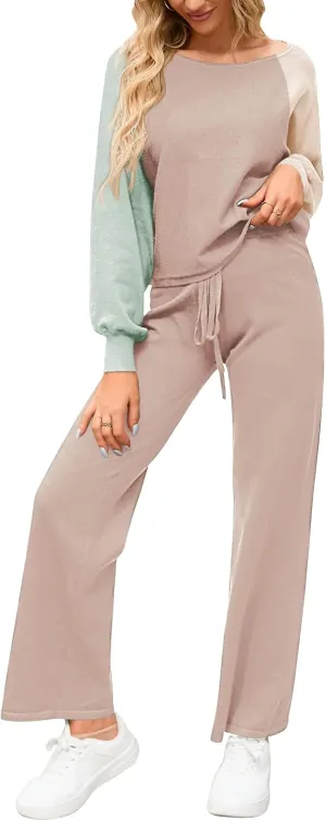 Meenew Women's 2 Piece Sweatsuits Long Sleeve Knit Sweater Wide Leg Pants Outfits Loungewear Set