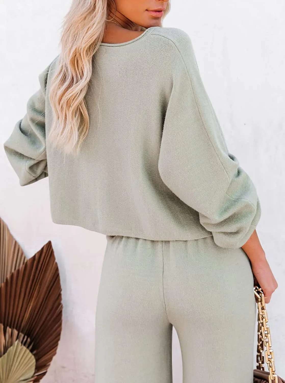 Meenew Women's 2 Piece Sweatsuits Long Sleeve Knit Sweater Wide Leg Pants Outfits Loungewear Set