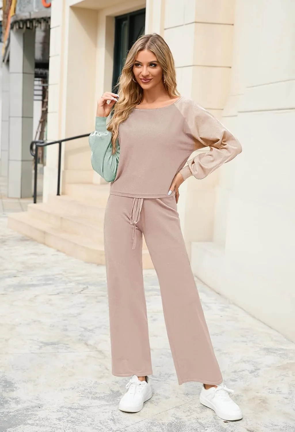 Meenew Women's 2 Piece Sweatsuits Long Sleeve Knit Sweater Wide Leg Pants Outfits Loungewear Set