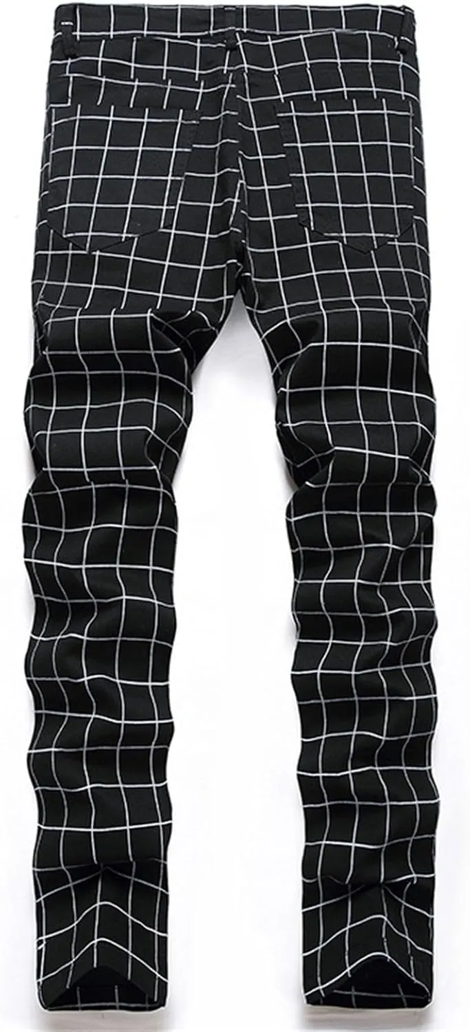 Mens Casual Chino Pants Plaid Striped Print Straight Leg Skinny Classic Denim Pant Business Work Stretch Dress Pant