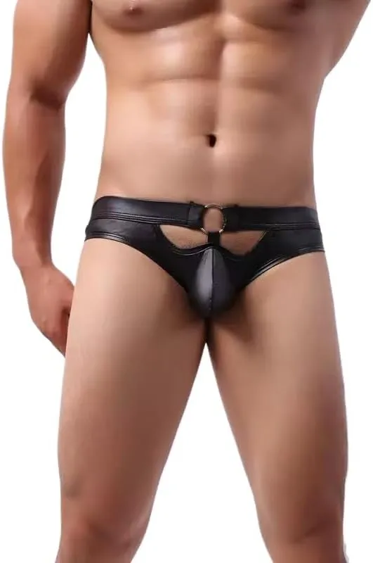 Men's leather briefs patent shiny look sexy underwear sexy lingerie clubwear briefs hollow out