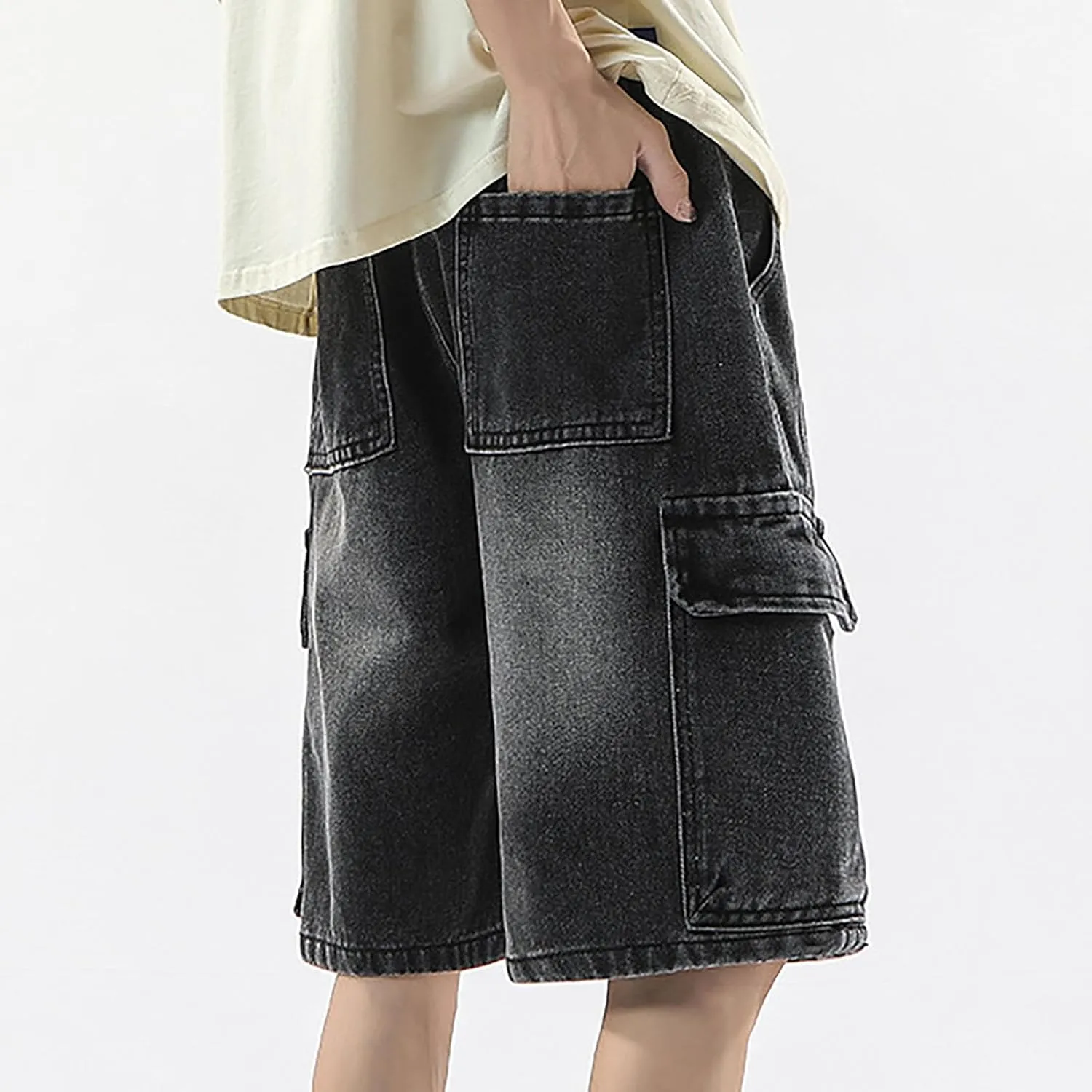 Men's Loose Y2K Hip Hop Mid Jean Shorts Baggy Denim Shorts with Pockets Skateboard Pants Streetwear
