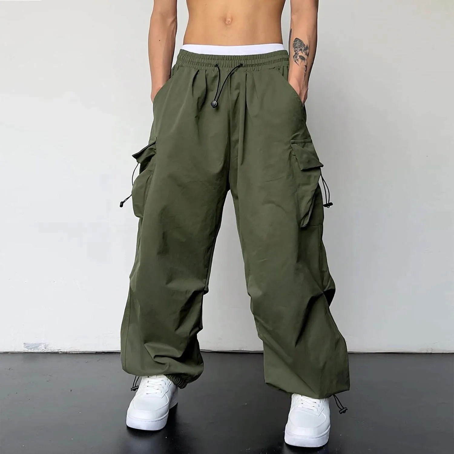 Mens Sweatpants with Pockets Wide Leg Baggy Elastic Waist Parachute Pants Lightweight Drawstring Comfy Casual Cargo Joggers
