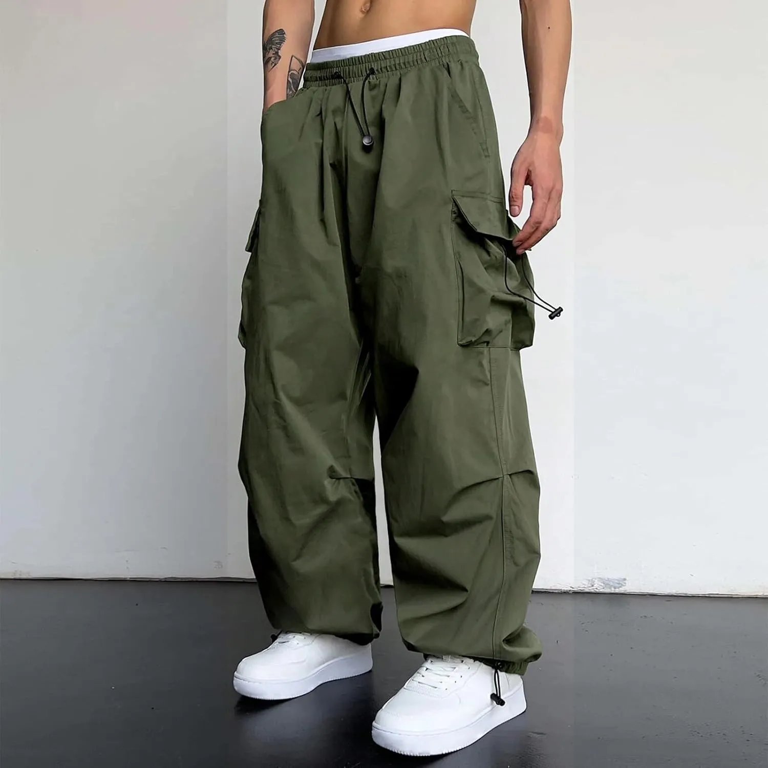 Mens Sweatpants with Pockets Wide Leg Baggy Elastic Waist Parachute Pants Lightweight Drawstring Comfy Casual Cargo Joggers