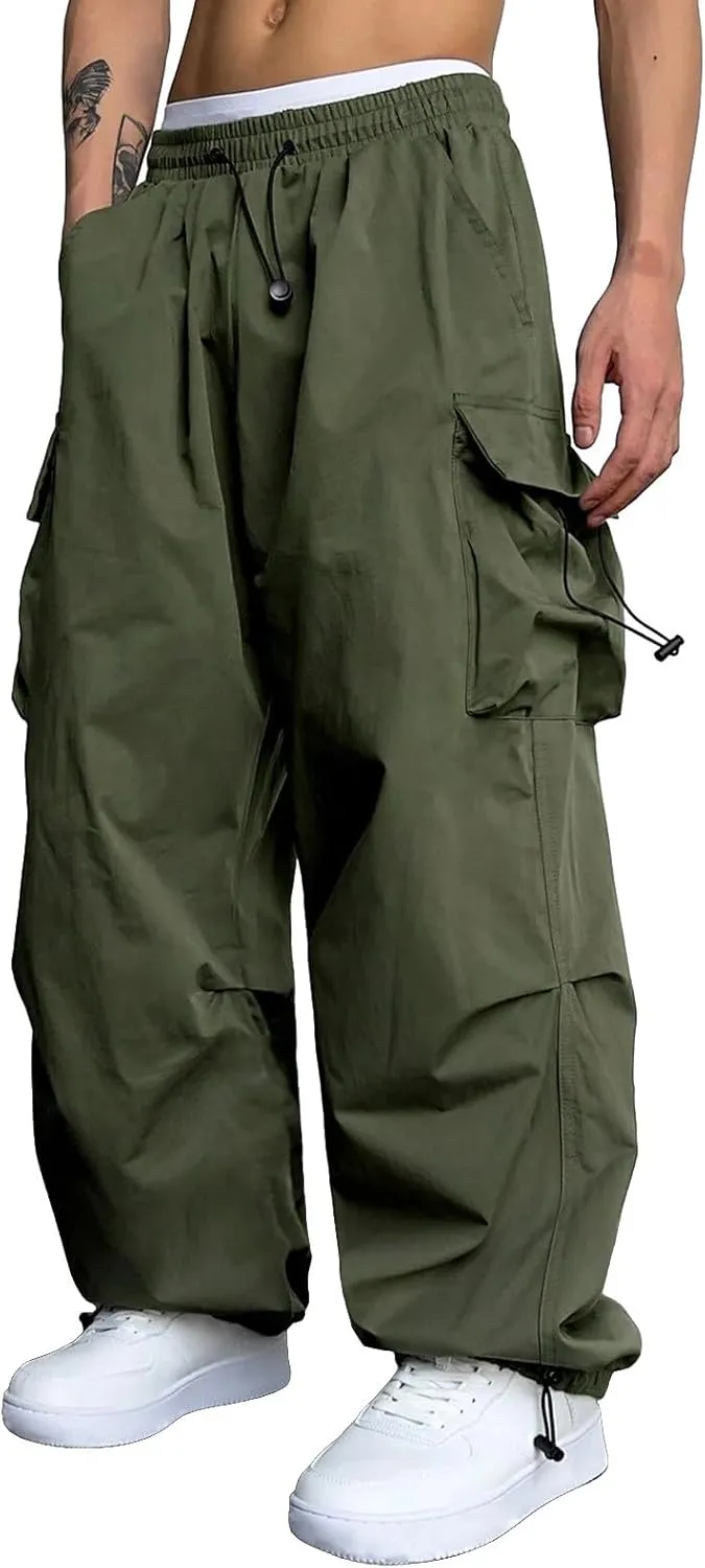 Mens Sweatpants with Pockets Wide Leg Baggy Elastic Waist Parachute Pants Lightweight Drawstring Comfy Casual Cargo Joggers