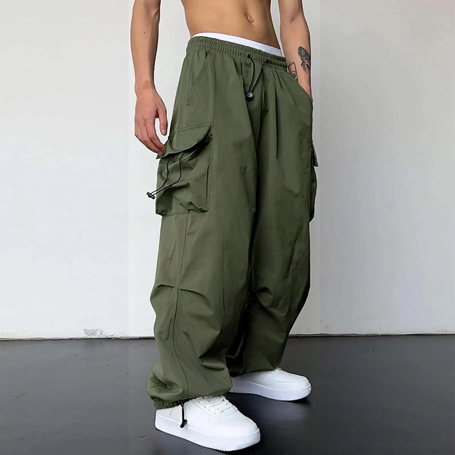 Mens Sweatpants with Pockets Wide Leg Baggy Elastic Waist Parachute Pants Lightweight Drawstring Comfy Casual Cargo Joggers