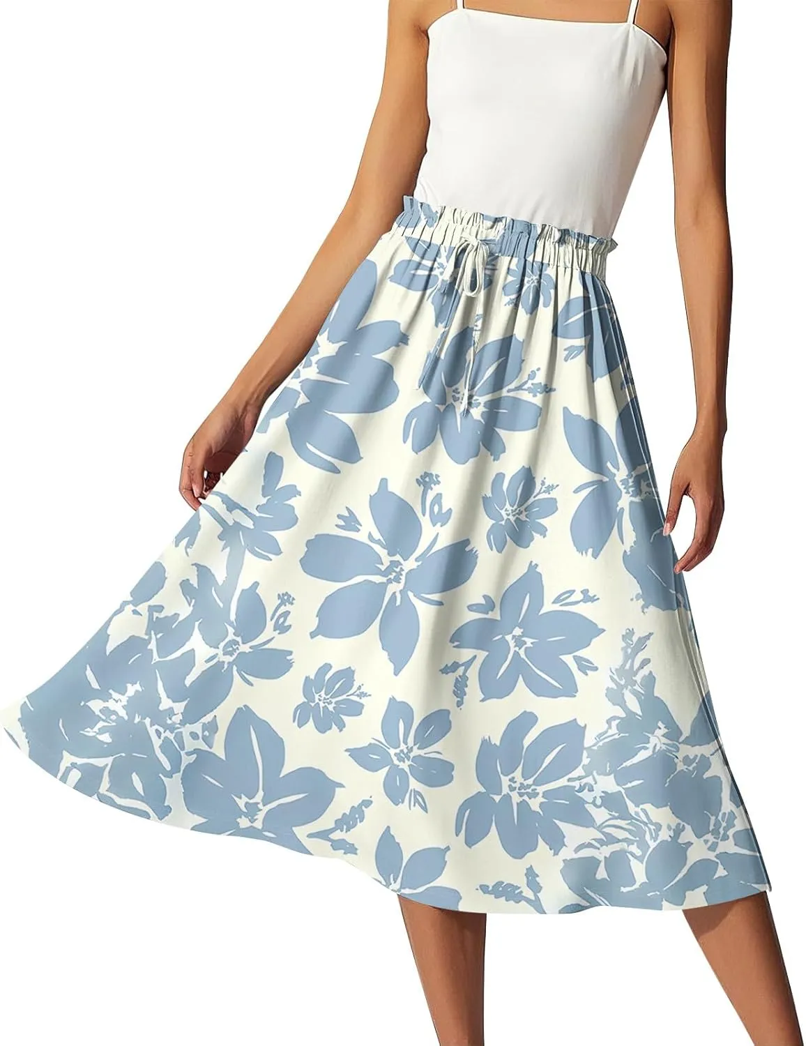 Midi Boho Floral Skirts for Women Trendy Drawstring High Elastic Waist Comfy Flowy A Line Skirt Skorts