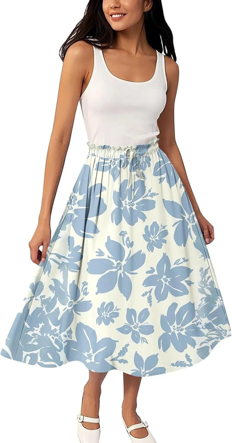 Midi Boho Floral Skirts for Women Trendy Drawstring High Elastic Waist Comfy Flowy A Line Skirt Skorts