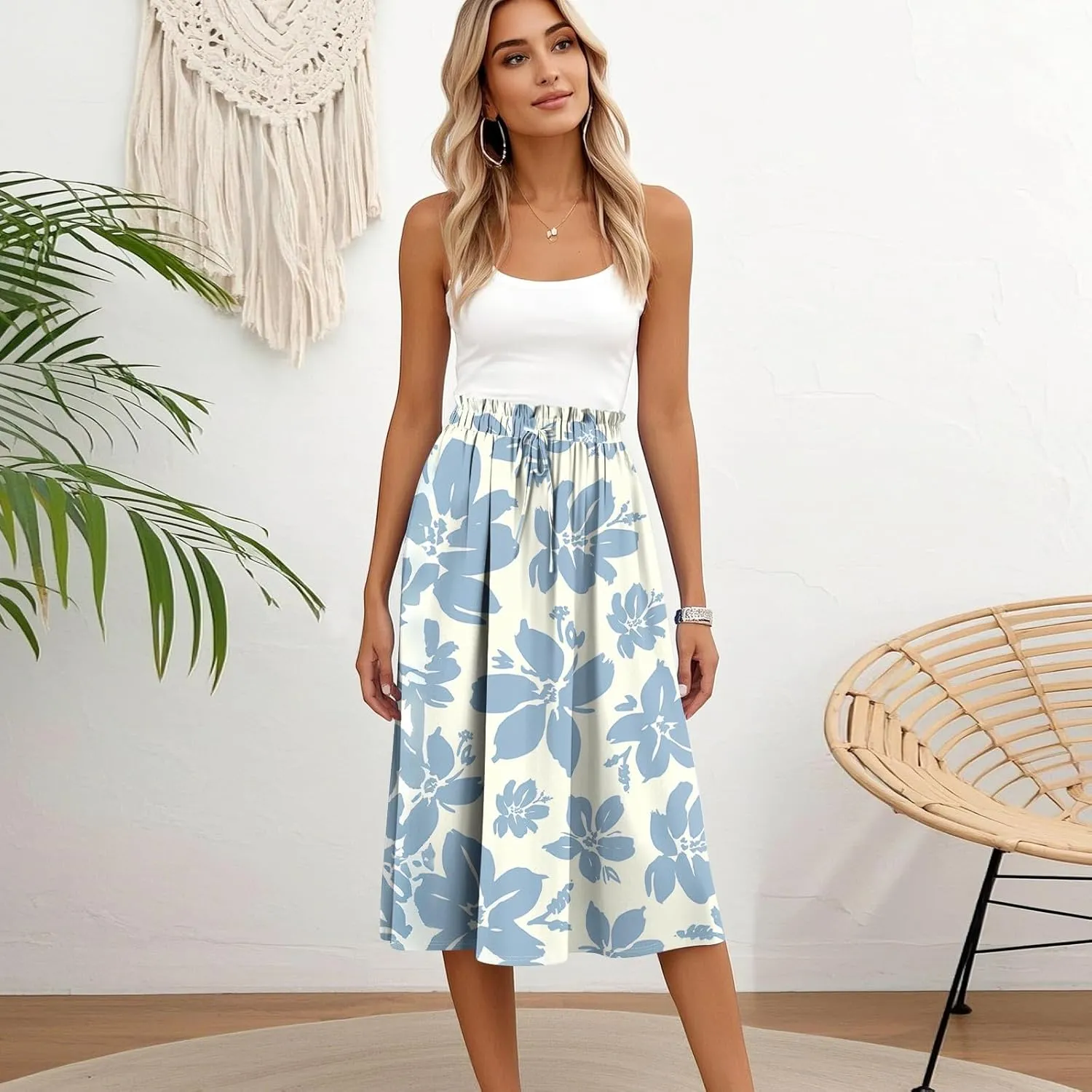 Midi Boho Floral Skirts for Women Trendy Drawstring High Elastic Waist Comfy Flowy A Line Skirt Skorts