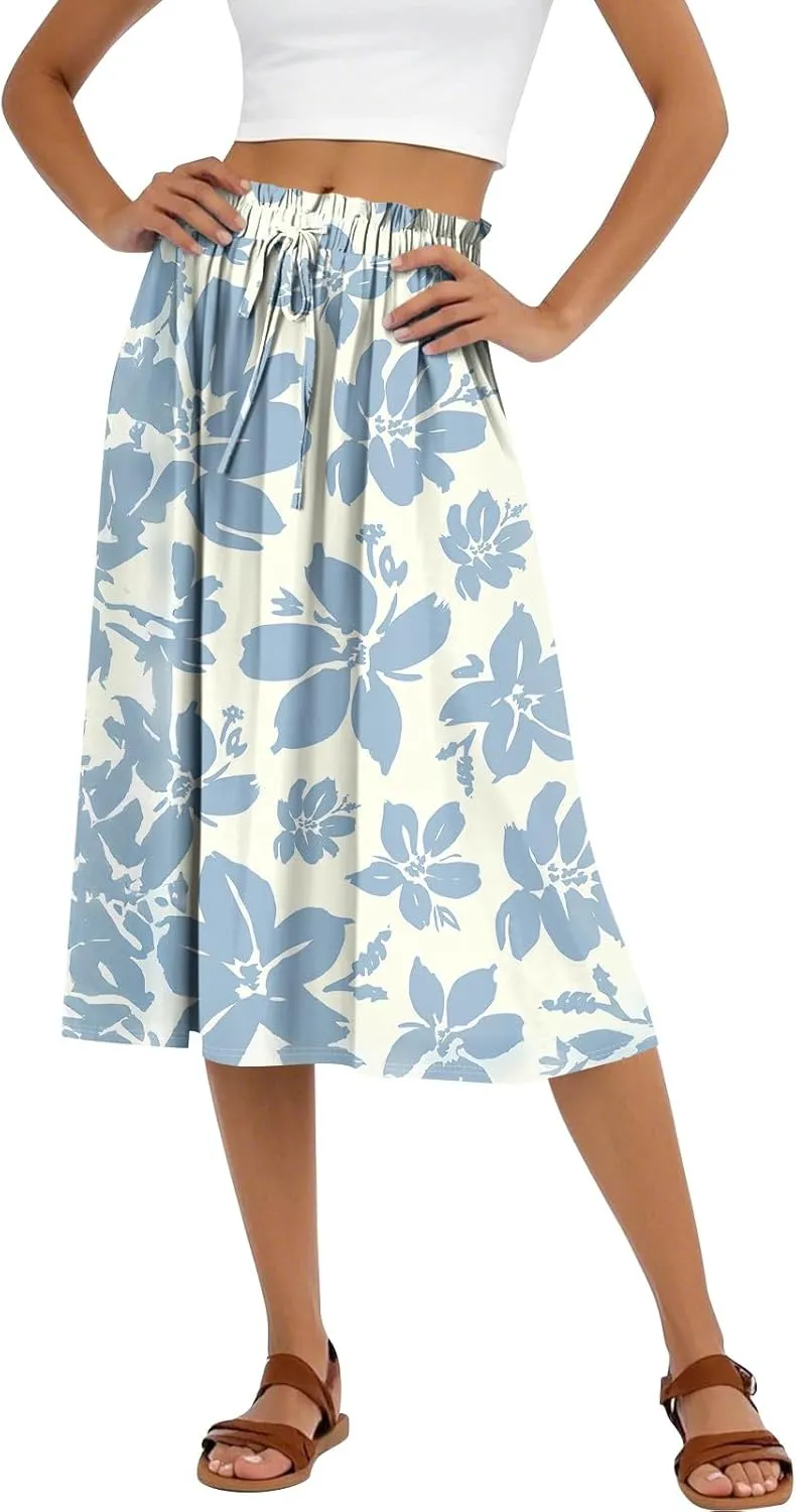 Midi Boho Floral Skirts for Women Trendy Drawstring High Elastic Waist Comfy Flowy A Line Skirt Skorts