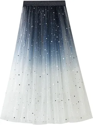Midi Skirts for Women Fashion Women Summer Gradient Color Tulle Skirt High Waist Pleated Long Pencil Skirt for