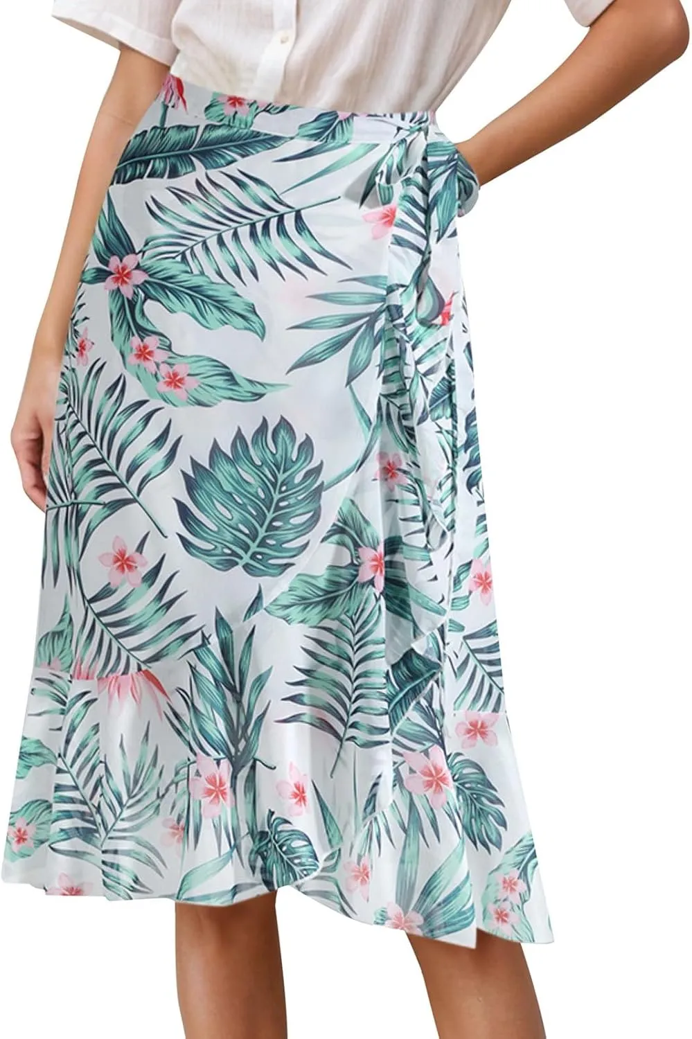 Midi Skirts for Womne Chifforn Elastic High Waisted Bowknot Lactation Floral Printed Skirts Cute Beach Vocation Skirts Spring Skirts for Women 2025 Green, S