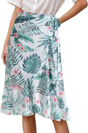 Midi Skirts for Womne Chifforn Elastic High Waisted Bowknot Lactation Floral Printed Skirts Cute Beach Vocation Skirts Spring Skirts for Women 2025 Green, S