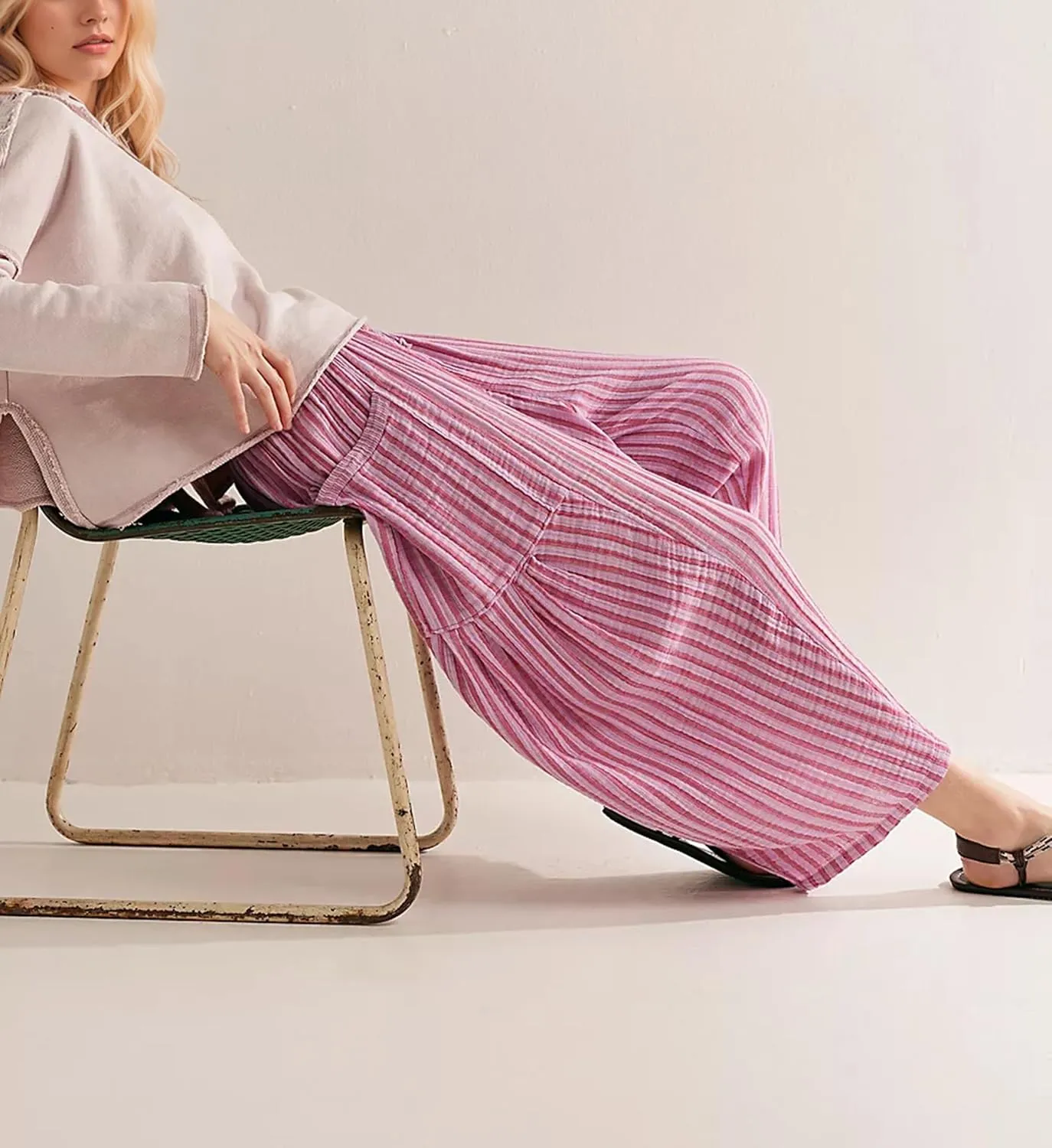 MISSACTIVER Women Summer Striped Harem Pants Flowy Baggy Casual Wide Leg Trousers Drawstring Boho Palazzo Pants with Pockets
