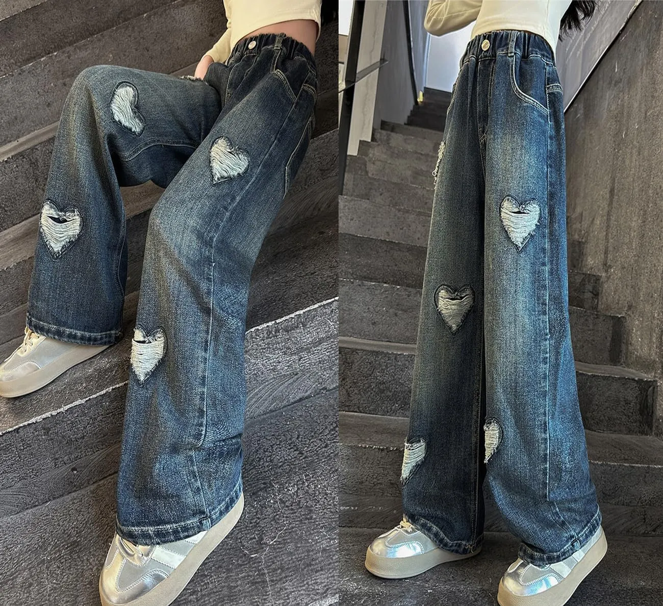NABER Kids Girls Elastic Waist Cool Ripped Jeans Washed Denim Wide Leg Ripped Denim Jean Age 5-15 Years