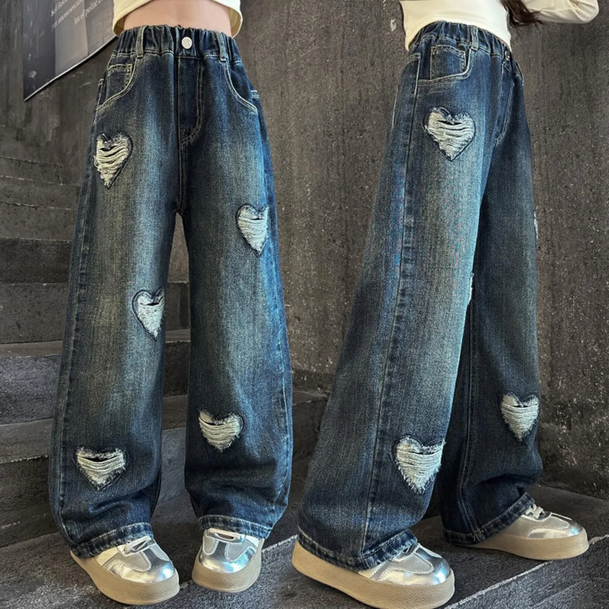 NABER Kids Girls Elastic Waist Cool Ripped Jeans Washed Denim Wide Leg Ripped Denim Jean Age 5-15 Years