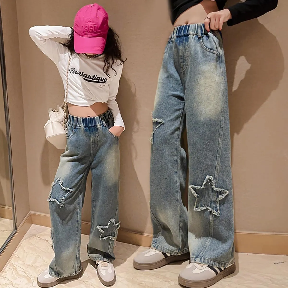 NABER Kids Girls Elastic Waist Cool Ripped Jeans Washed Denim Wide Leg Ripped Denim Jean Age 5-15 Years