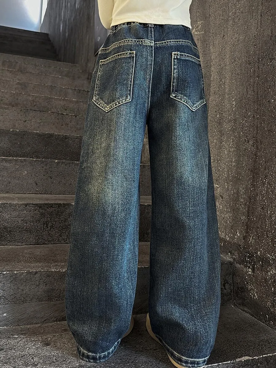 NABER Kids Girls Elastic Waist Cool Ripped Jeans Washed Denim Wide Leg Ripped Denim Jean Age 5-15 Years