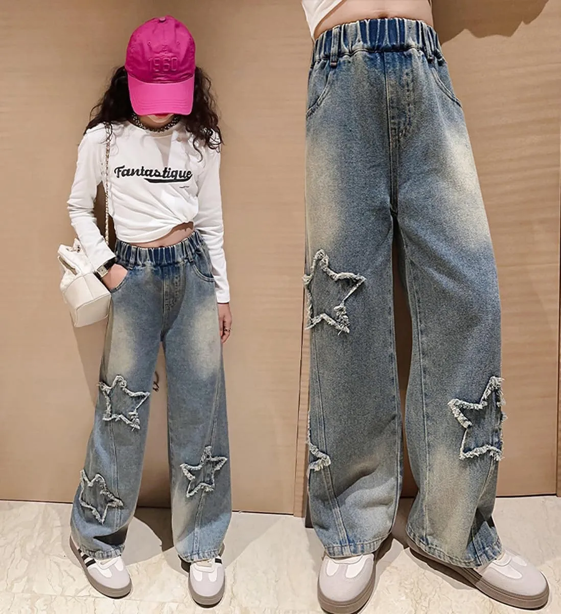 NABER Kids Girls Elastic Waist Cool Ripped Jeans Washed Denim Wide Leg Ripped Denim Jean Age 5-15 Years