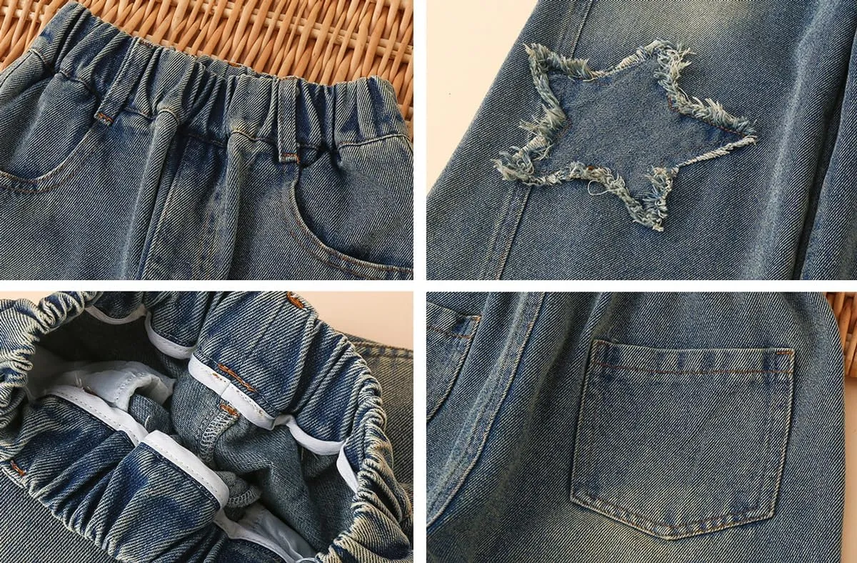 NABER Kids Girls Elastic Waist Cool Ripped Jeans Washed Denim Wide Leg Ripped Denim Jean Age 5-15 Years