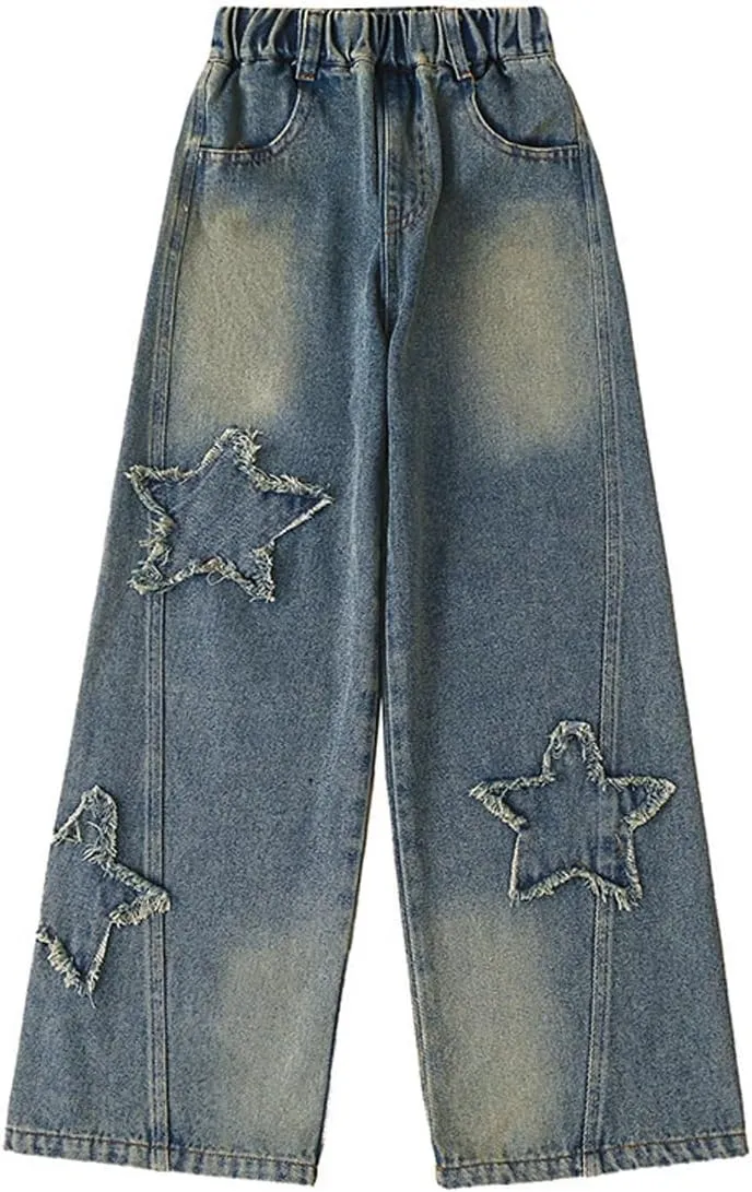 NABER Kids Girls Elastic Waist Cool Ripped Jeans Washed Denim Wide Leg Ripped Denim Jean Age 5-15 Years