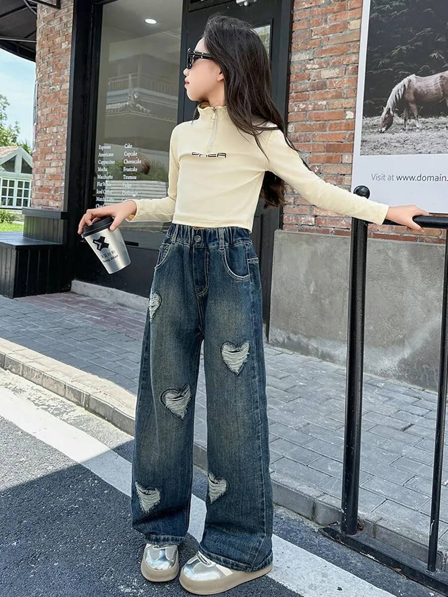 NABER Kids Girls Elastic Waist Cool Ripped Jeans Washed Denim Wide Leg Ripped Denim Jean Age 5-15 Years