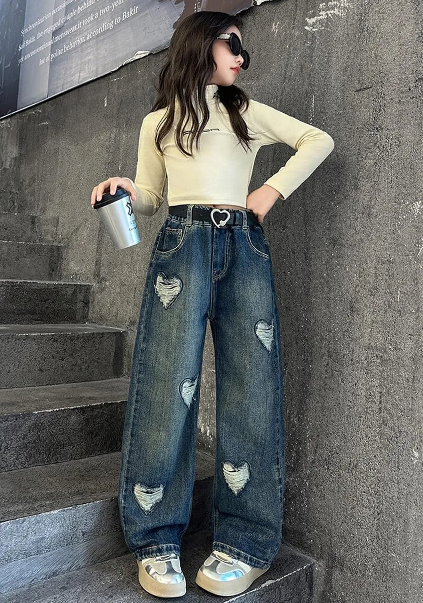 NABER Kids Girls Elastic Waist Cool Ripped Jeans Washed Denim Wide Leg Ripped Denim Jean Age 5-15 Years