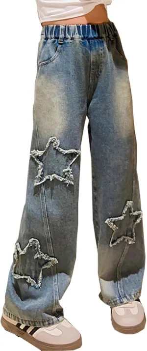 NABER Kids Girls Elastic Waist Cool Ripped Jeans Washed Denim Wide Leg Ripped Denim Jean Age 5-15 Years