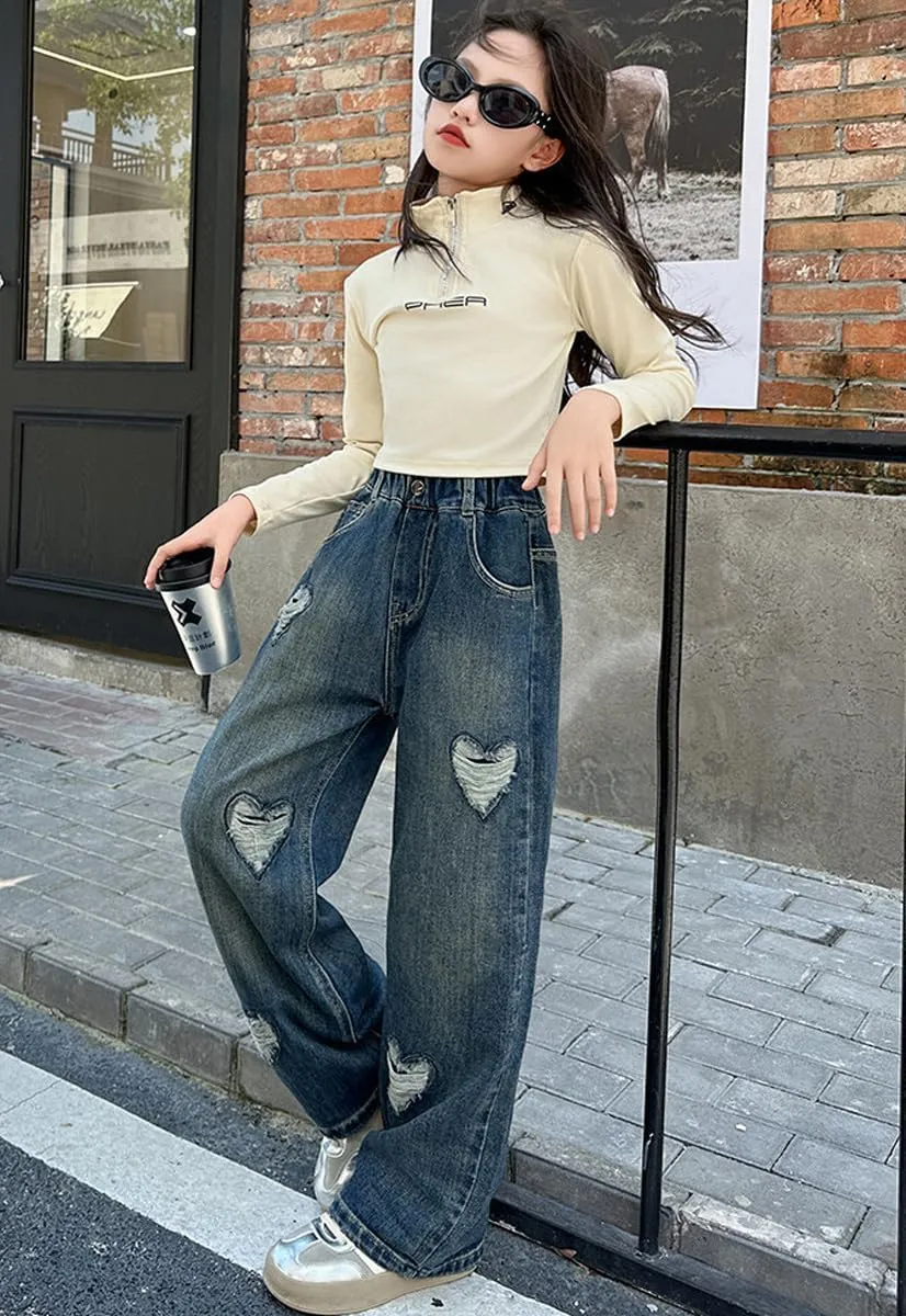 NABER Kids Girls Elastic Waist Cool Ripped Jeans Washed Denim Wide Leg Ripped Denim Jean Age 5-15 Years