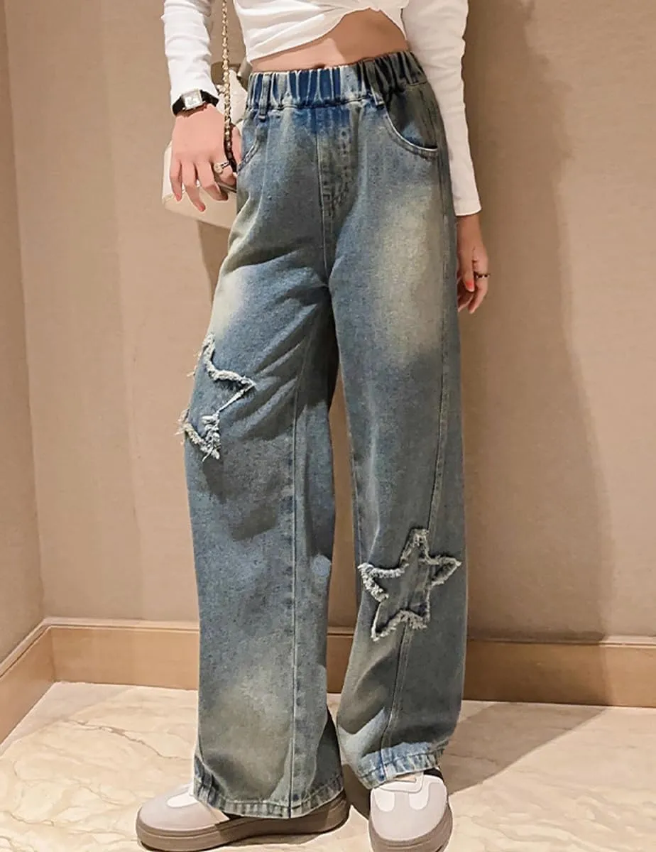NABER Kids Girls Elastic Waist Cool Ripped Jeans Washed Denim Wide Leg Ripped Denim Jean Age 5-15 Years