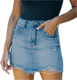 NaRHbrg Denim Skirts for Women's Casual Distressed Ripped A-Line Denim Short Skirt Zipper Front Denim Mini Skirt with Pocket