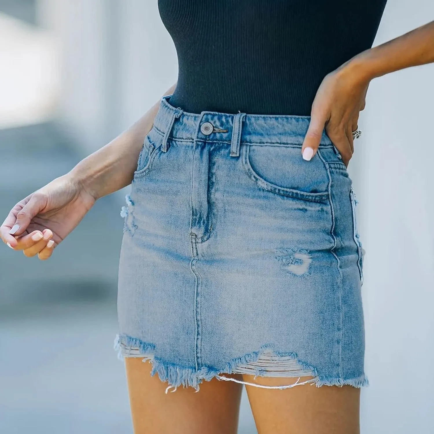 NaRHbrg Denim Skirts for Women's Casual Distressed Ripped A-Line Denim Short Skirt Zipper Front Denim Mini Skirt with Pocket