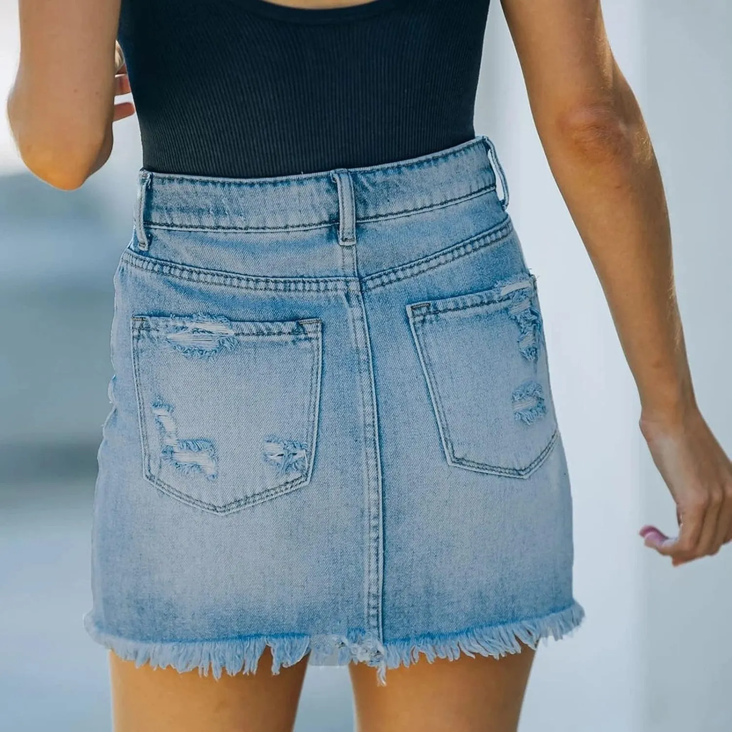NaRHbrg Denim Skirts for Women's Casual Distressed Ripped A-Line Denim Short Skirt Zipper Front Denim Mini Skirt with Pocket