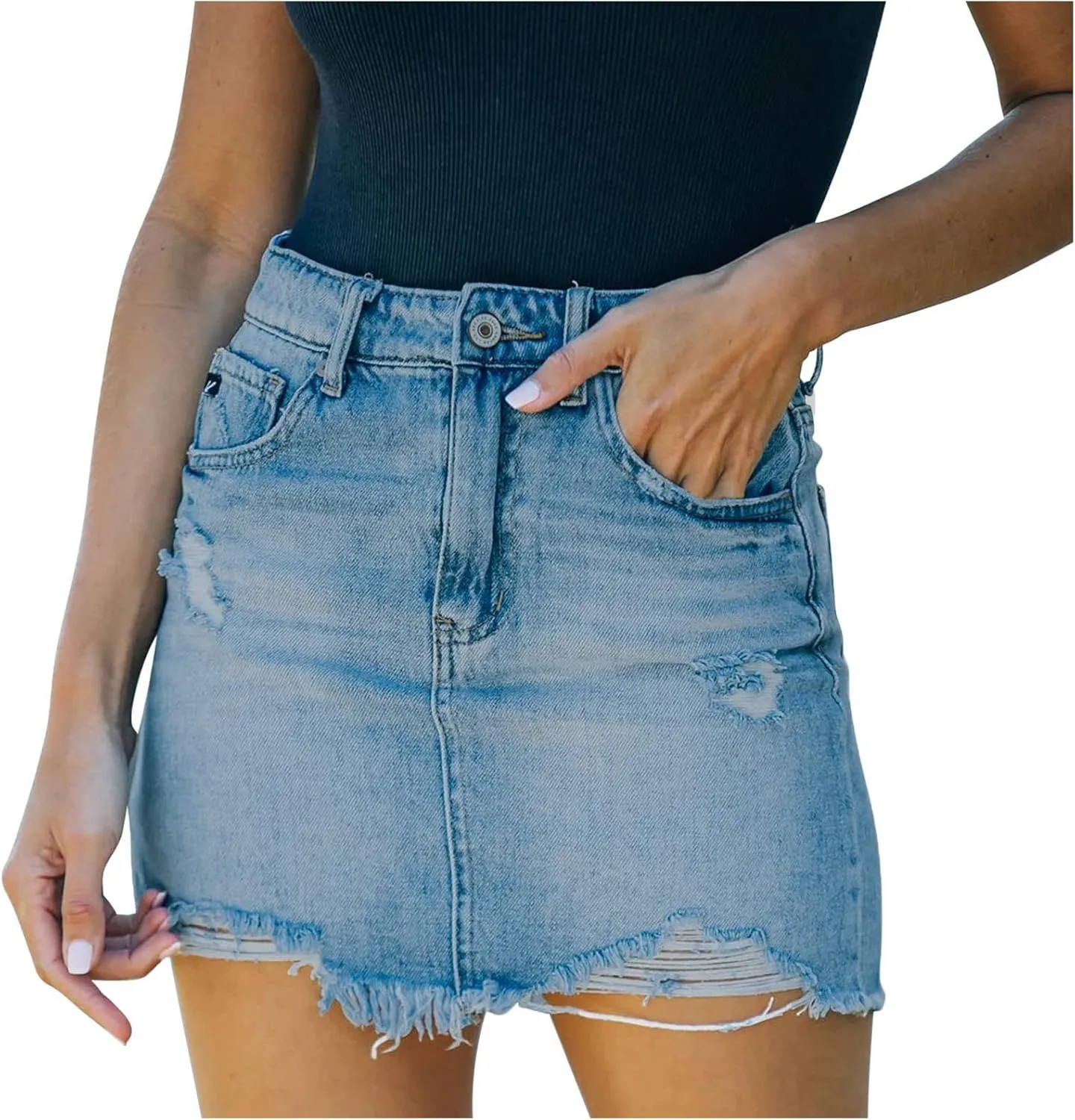 NaRHbrg Denim Skirts for Women's Casual Distressed Ripped A-Line Denim Short Skirt Zipper Front Denim Mini Skirt with Pocket