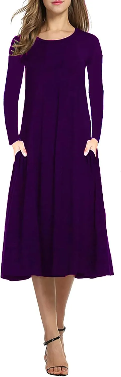 Necooer Women's Casual Loose Plain Pleated Long Dress Short Sleeve Midi Dresses