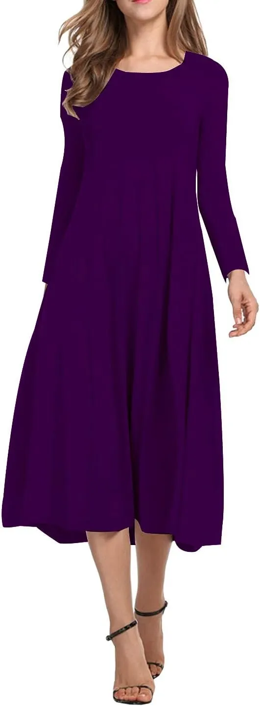 Necooer Women's Casual Loose Plain Pleated Long Dress Short Sleeve Midi Dresses